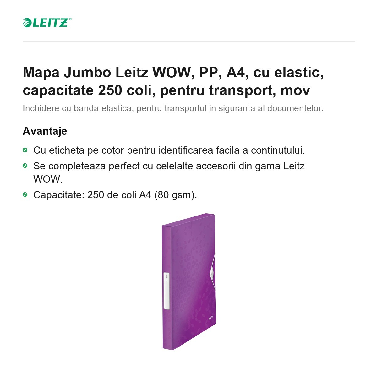 Mapa Jumbo Leitz WOW, PP, A4, cu elastic, capacitate 250 coli, pentru transport, mov [2]