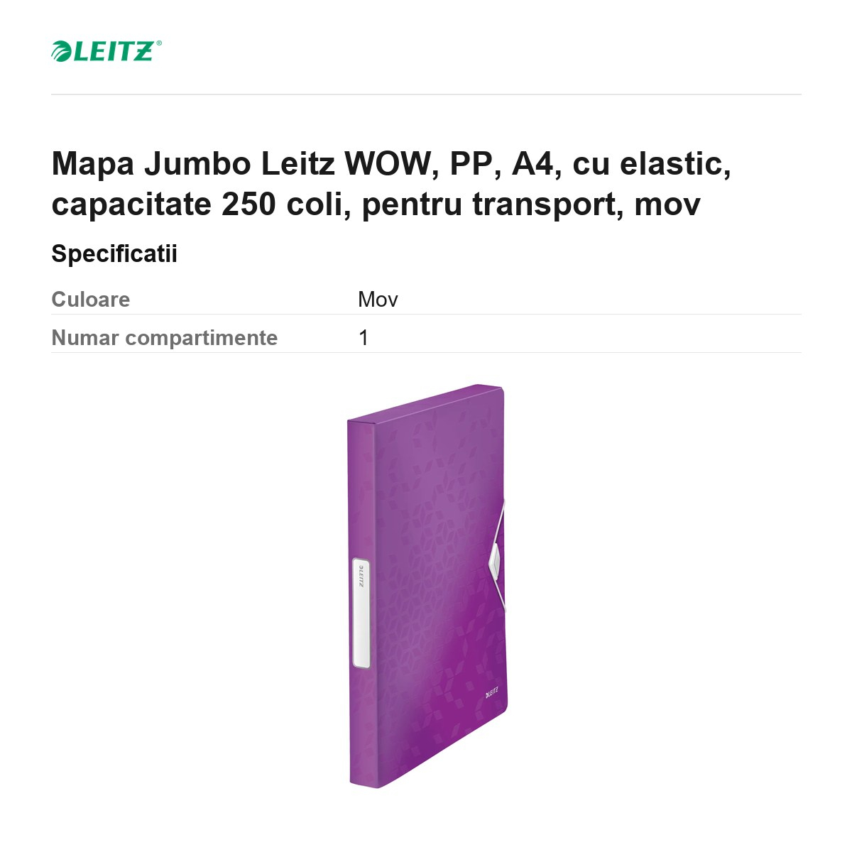 Mapa Jumbo Leitz WOW, PP, A4, cu elastic, capacitate 250 coli, pentru transport, mov [3]