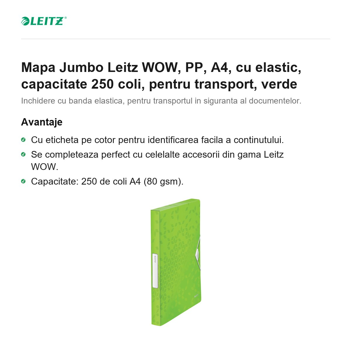Mapa Jumbo Leitz WOW, PP, A4, cu elastic, capacitate 250 coli, pentru transport, verde [2]