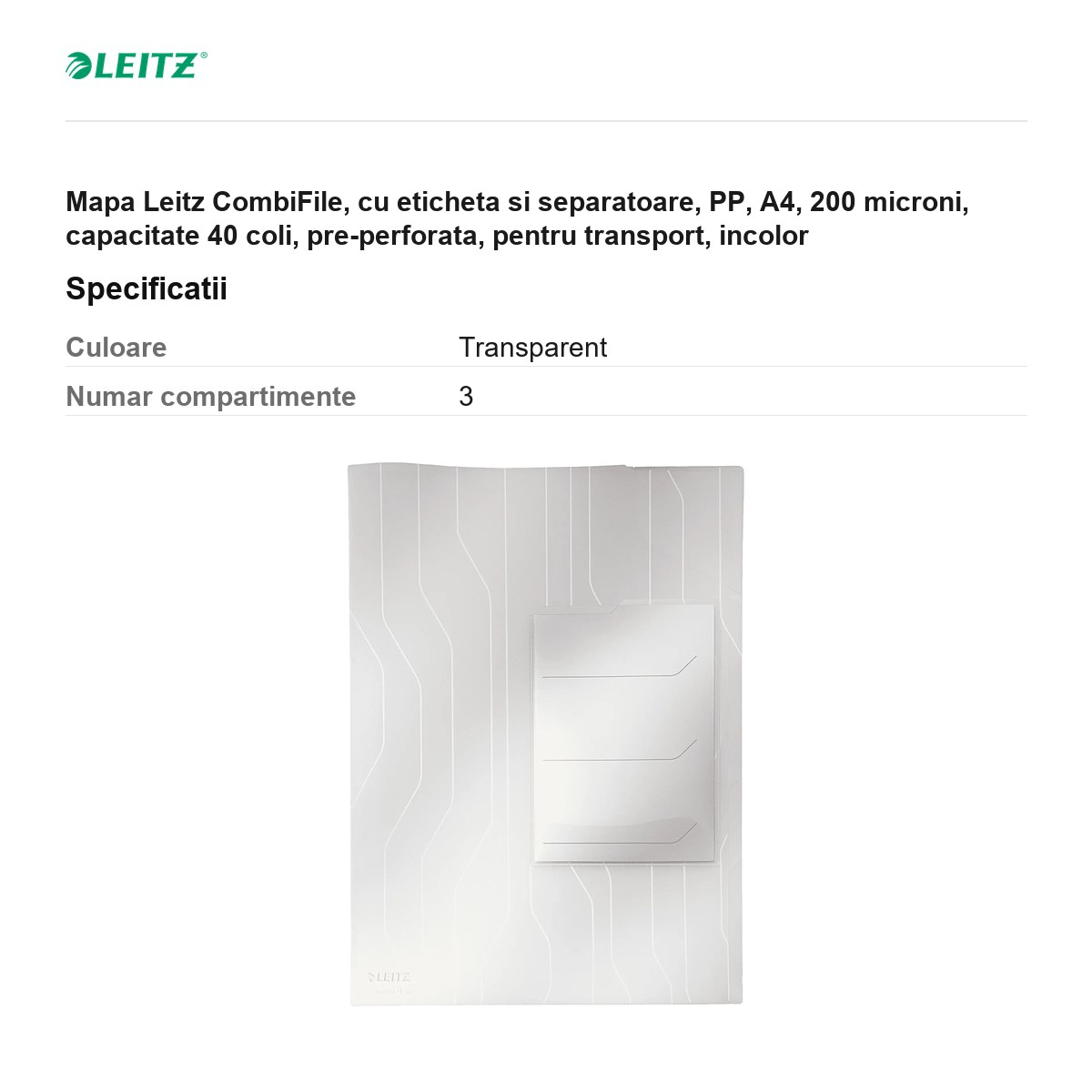 Mapa Leitz CombiFile, cu eticheta si separatoare, PP, A4, 200 microni, capacitate 40 coli, pre-perforata, pentru transport, incolor [3]