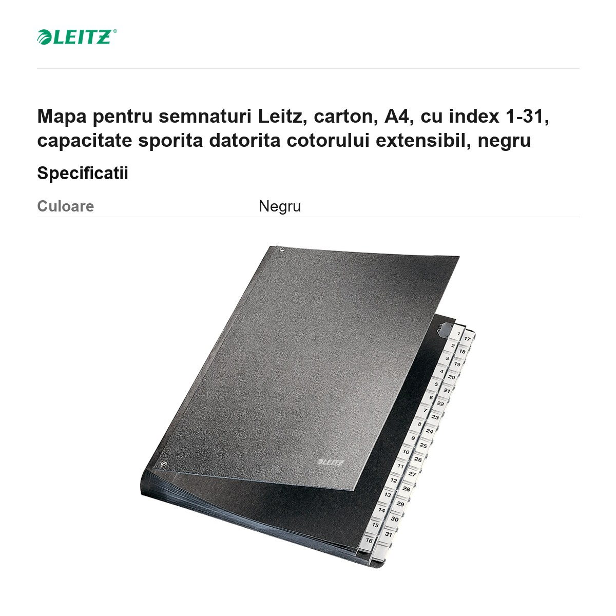 Mapa pentru semnaturi Leitz, carton, A4, cu index 1-31, capacitate sporita datorita cotorului extensibil, negru [3]