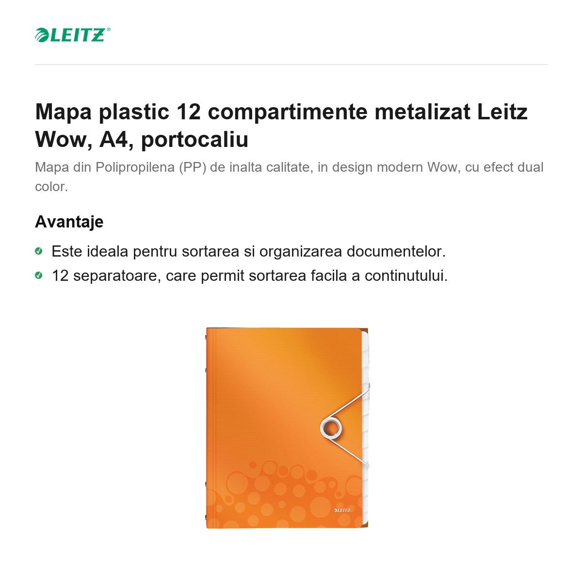 Mapa plastic 12 compartimente metalizat Leitz Wow, A4, portocaliu [2]