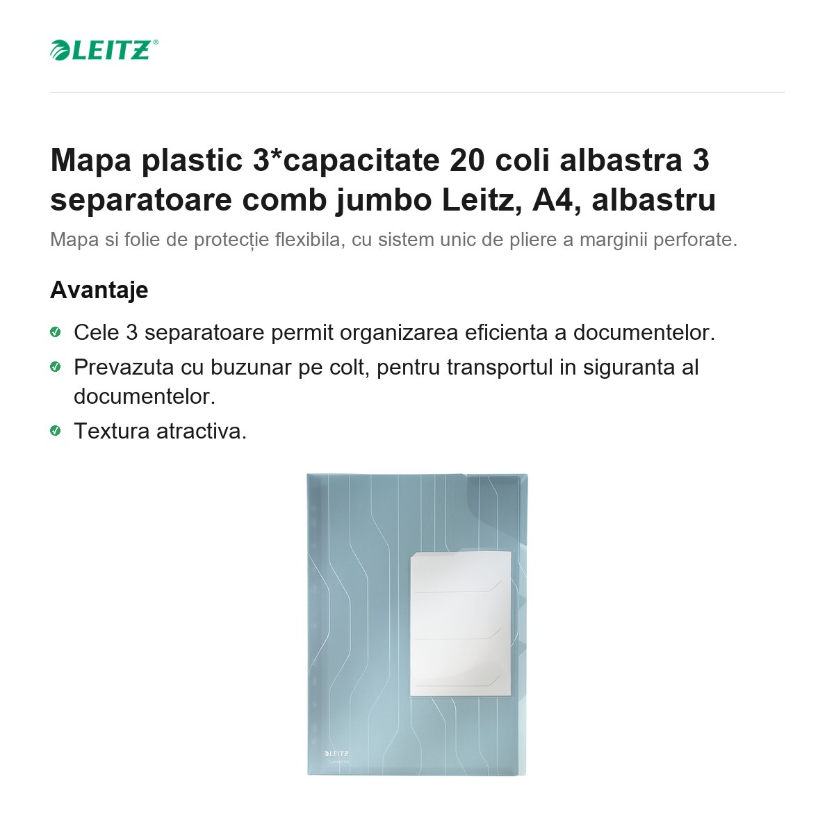 Mapa plastic 3*capacitate 20 coli albastra 3 separatoare comb jumbo Leitz, A4, albastru [2]