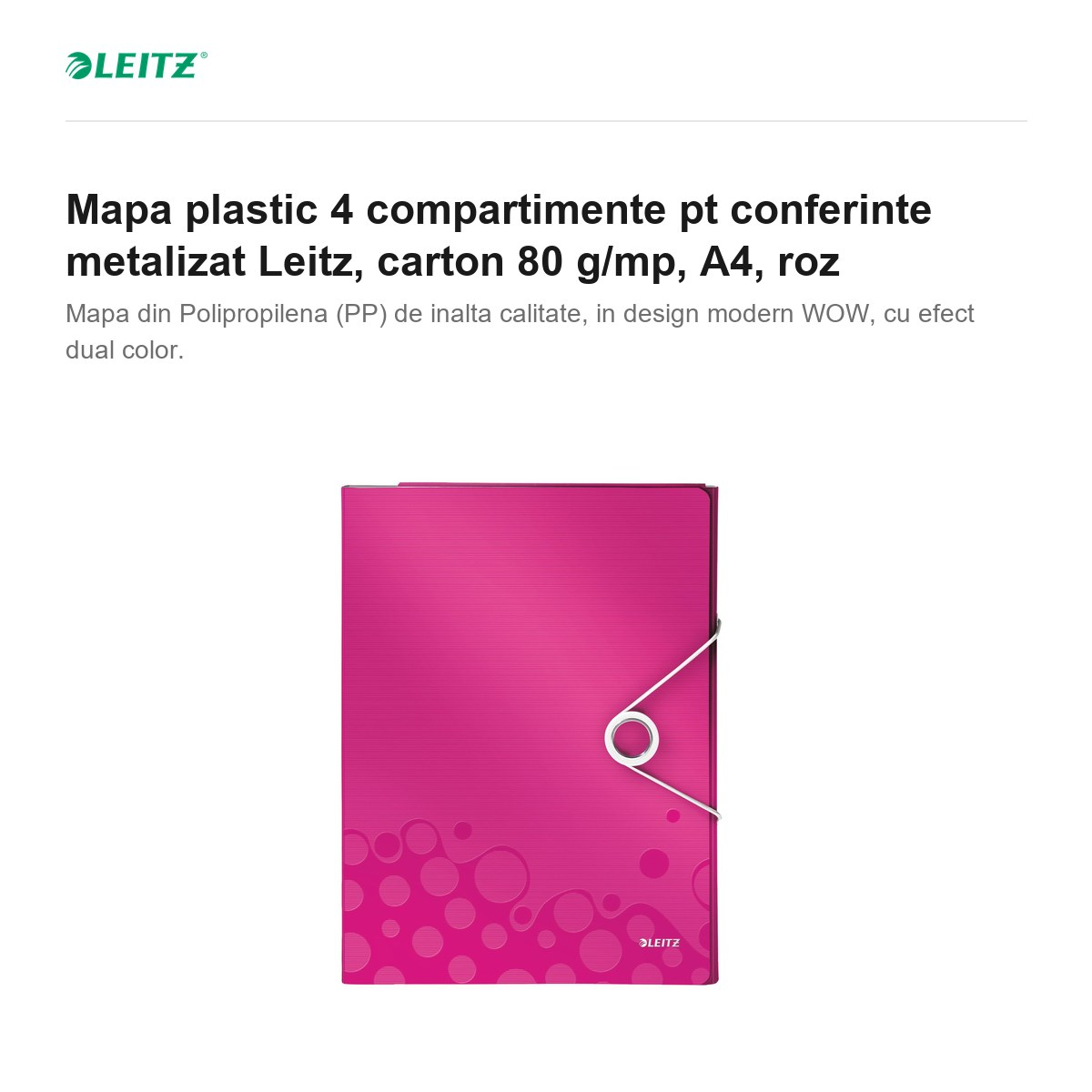 Mapa plastic 4 compartimente pt conferinte metalizat Leitz, carton 80 g/mp, A4, roz [2]