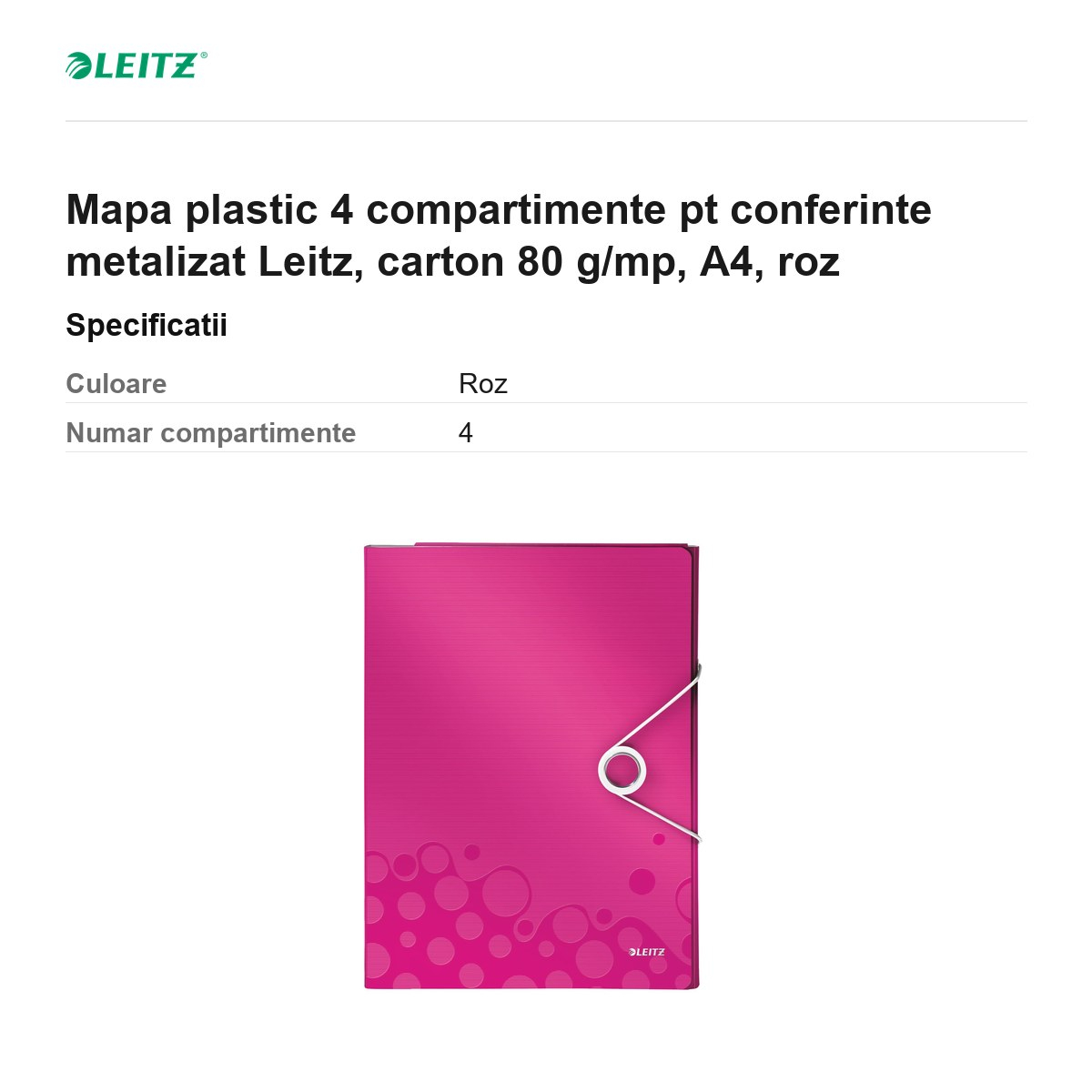 Mapa plastic 4 compartimente pt conferinte metalizat Leitz, carton 80 g/mp, A4, roz [3]