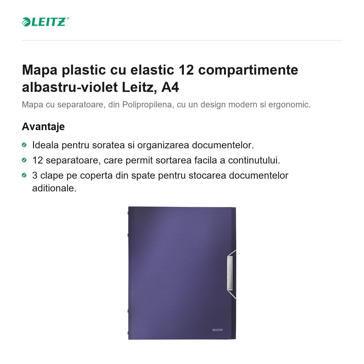 Mapa plastic cu elastic 12 compartimente albastru-violet Leitz, A4 [2]