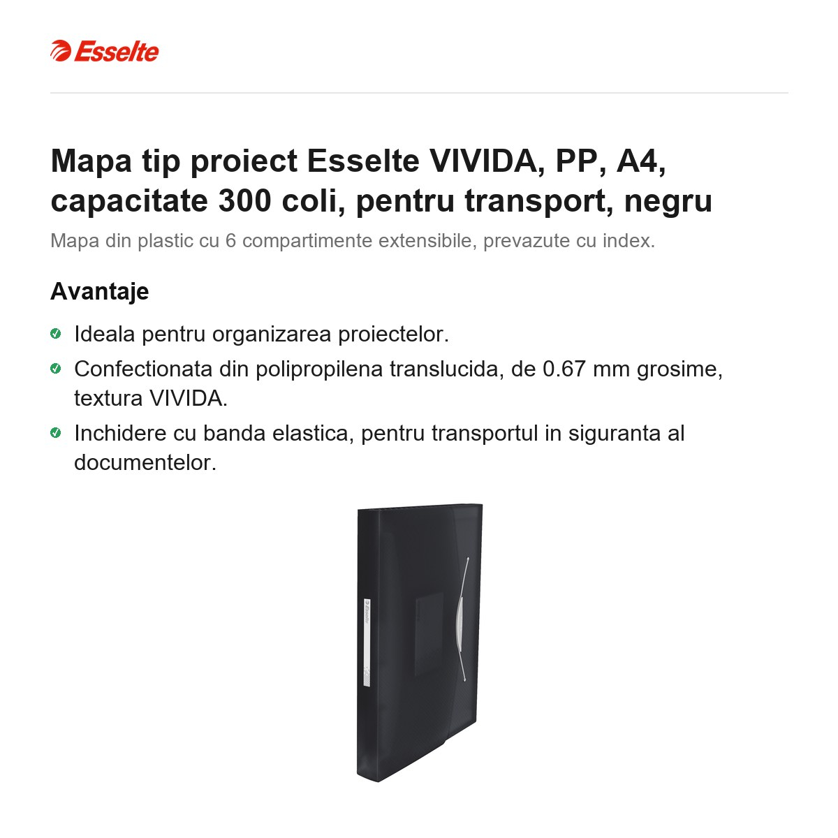 Mapa tip proiect Esselte VIVIDA, PP, A4, capacitate 300 coli, pentru transport, negru [2]