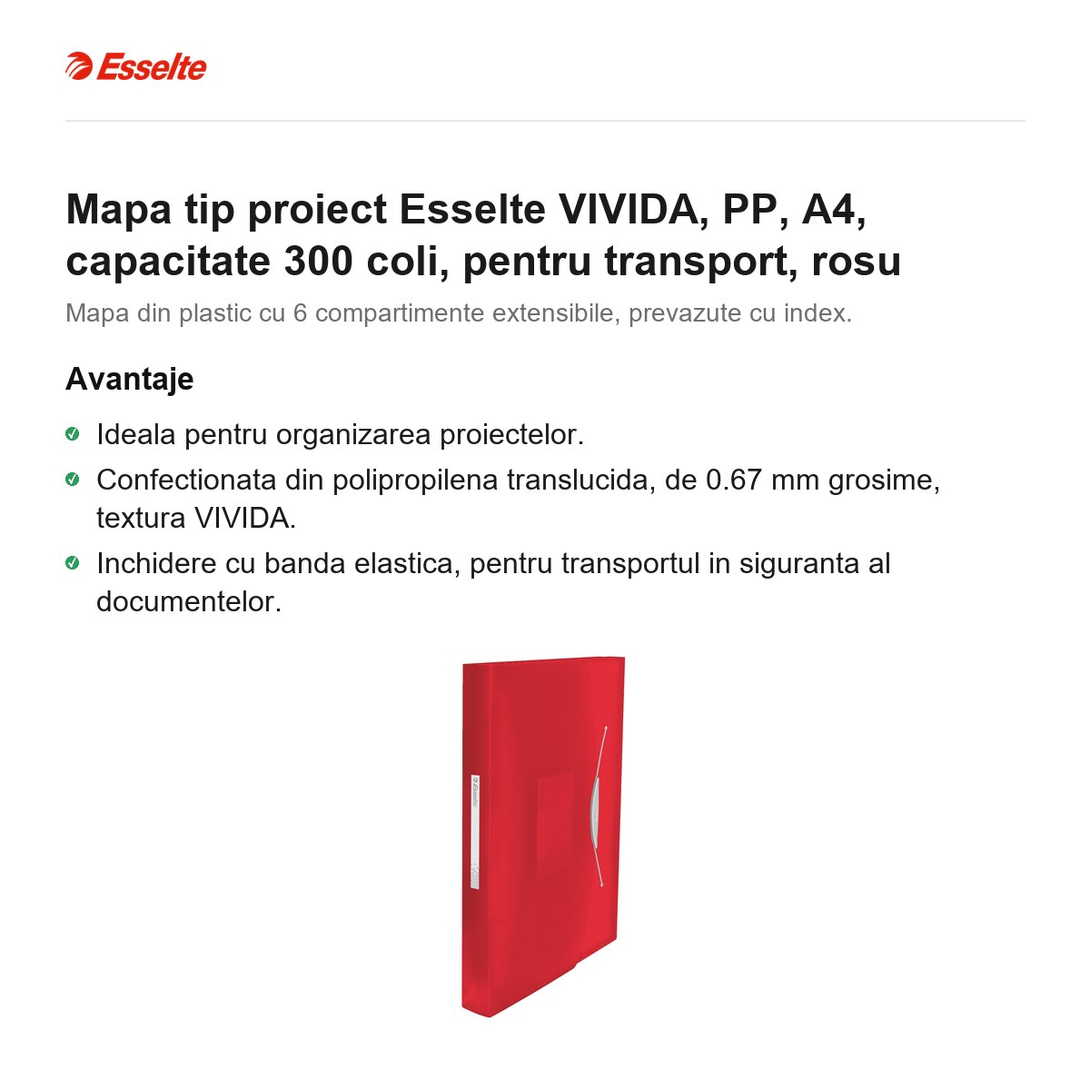 Mapa tip proiect Esselte VIVIDA, PP, A4, capacitate 300 coli, pentru transport, rosu [2]