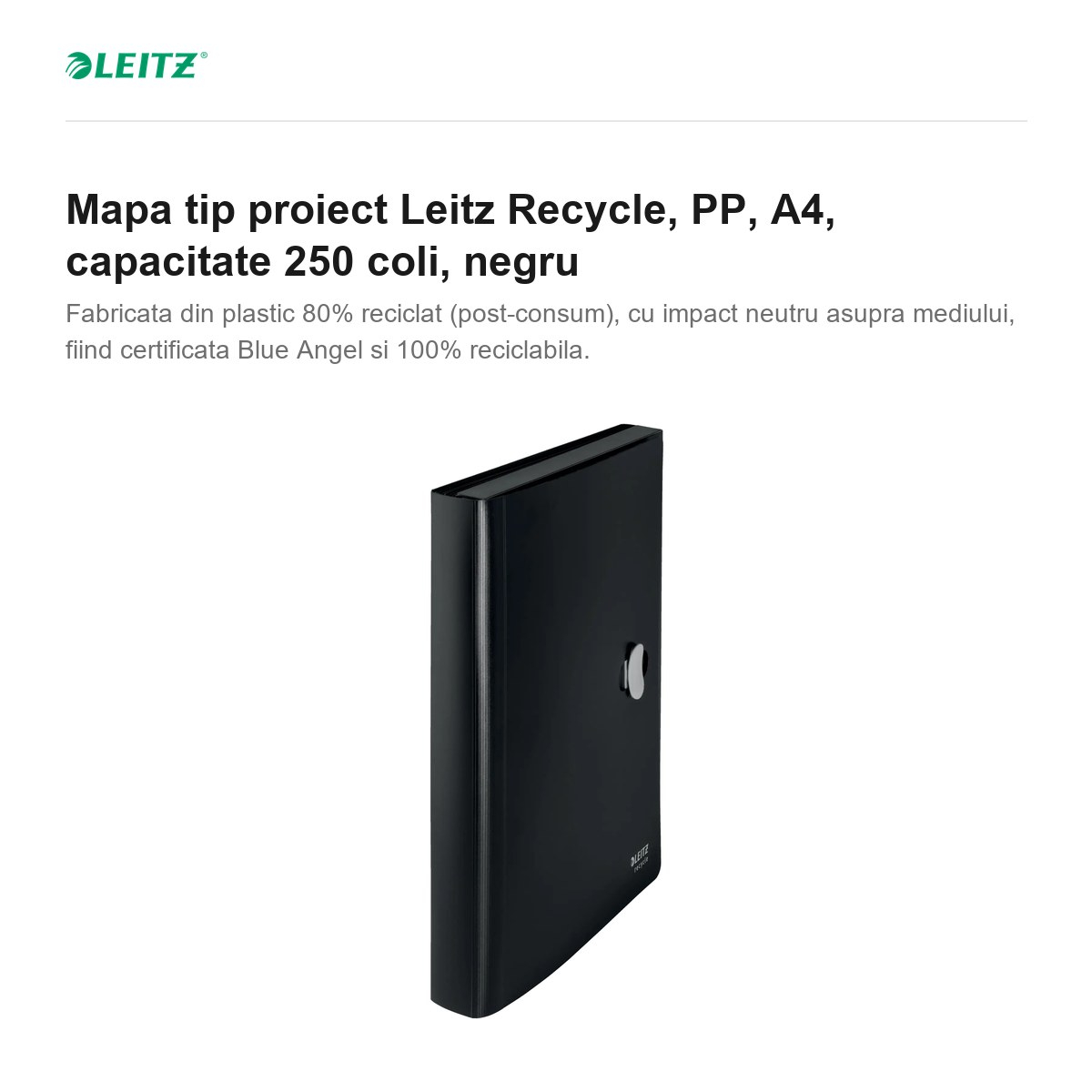 Mapa tip proiect Leitz Recycle, PP, A4, capacitate 250 coli, negru [2]