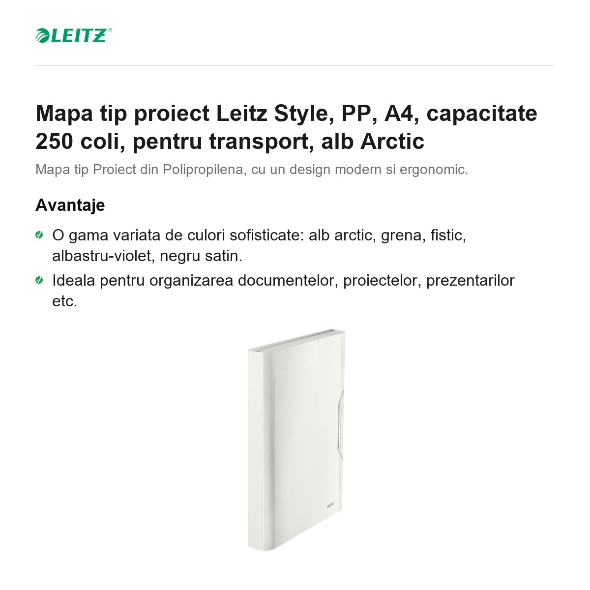 Mapa tip proiect Leitz Style, PP, A4, capacitate 250 coli, pentru transport, alb Arctic [2]