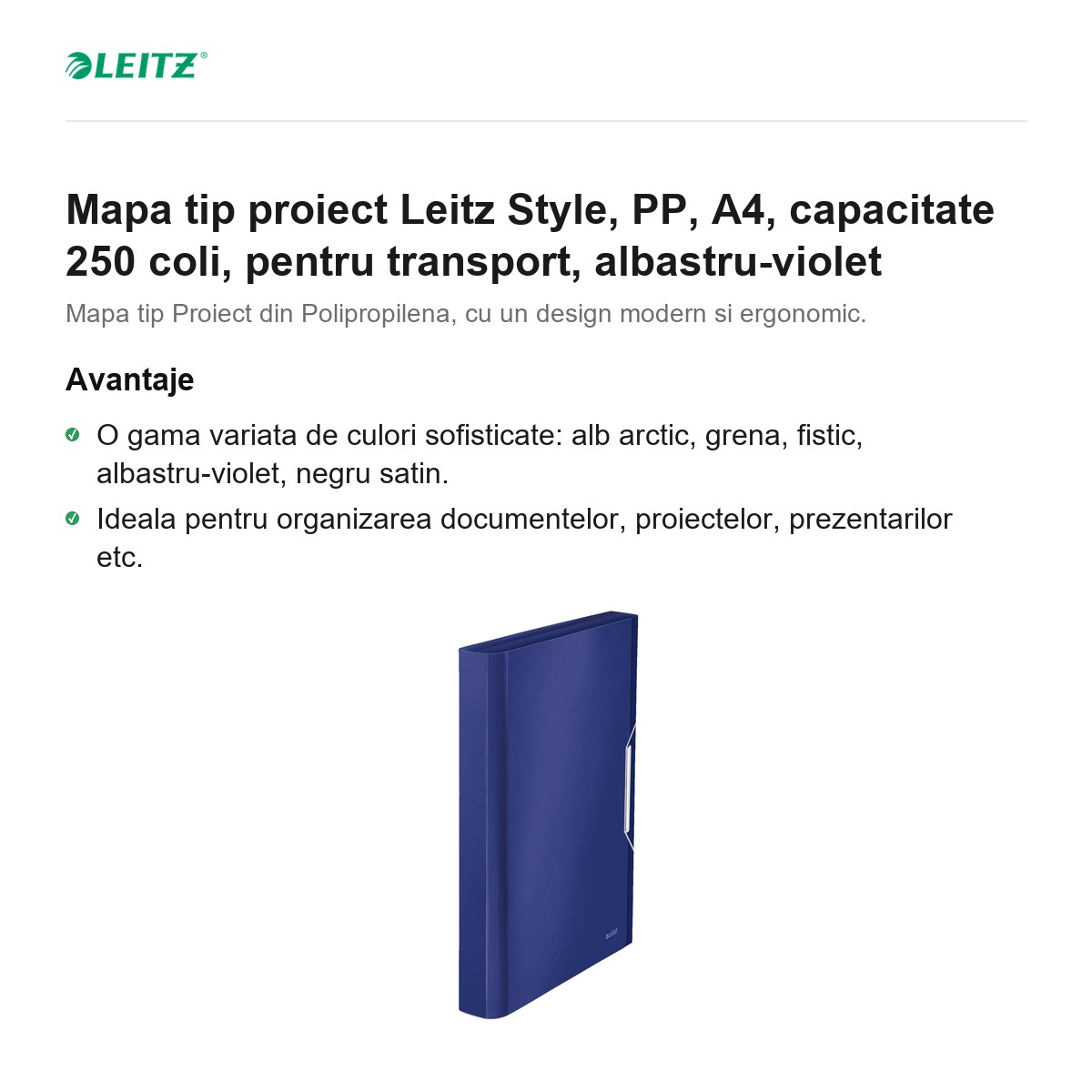 Mapa tip proiect Leitz Style, PP, A4, capacitate 250 coli, pentru transport, albastru-violet [2]