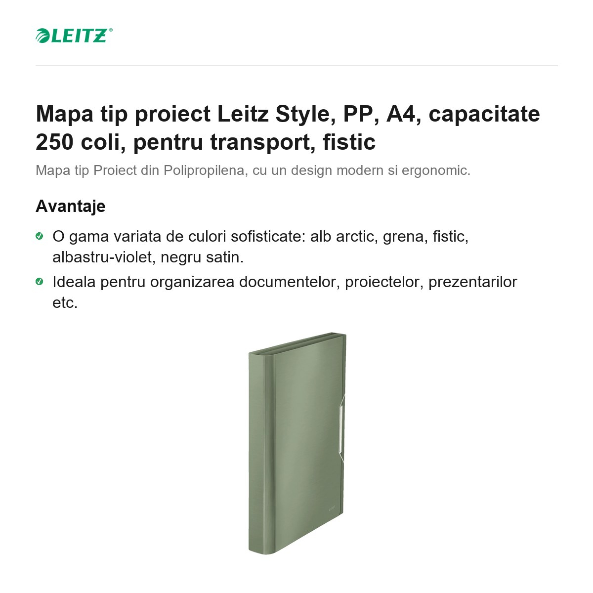 Mapa tip proiect Leitz Style, PP, A4, capacitate 250 coli, pentru transport, fistic [2]