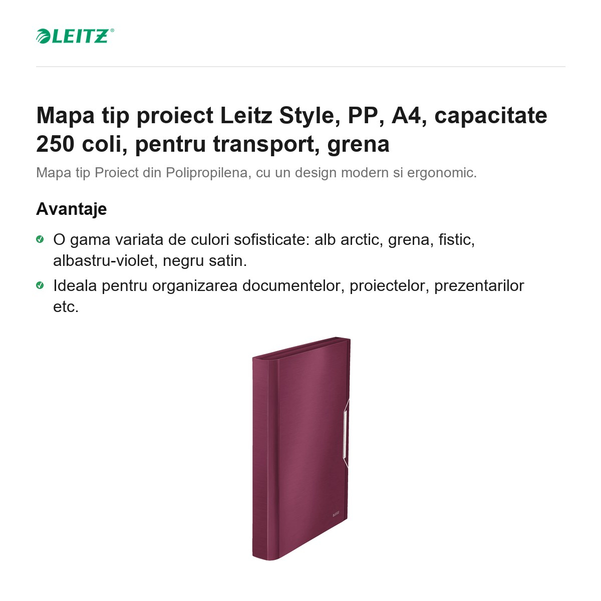 Mapa tip proiect Leitz Style, PP, A4, capacitate 250 coli, pentru transport, grena [2]