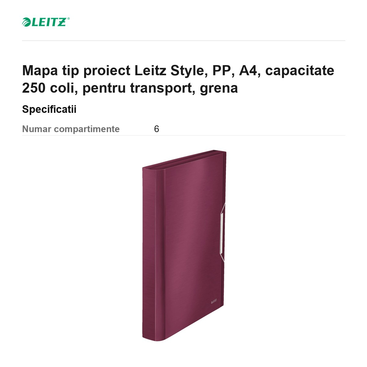 Mapa tip proiect Leitz Style, PP, A4, capacitate 250 coli, pentru transport, grena [3]