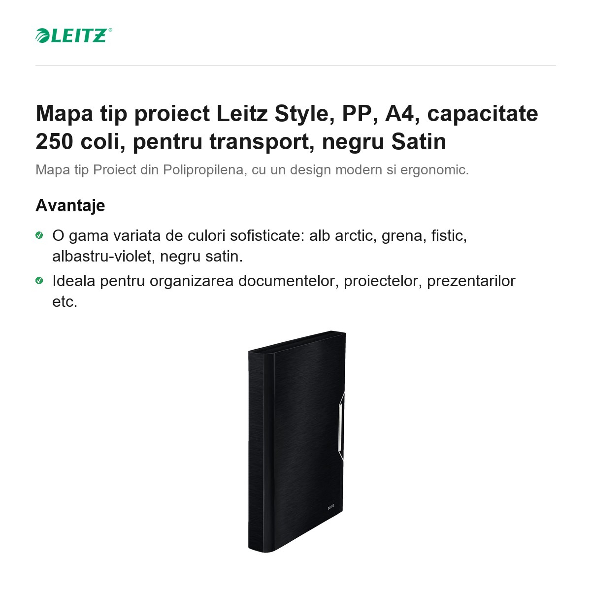 Mapa tip proiect Leitz Style, PP, A4, capacitate 250 coli, pentru transport, negru Satin [2]