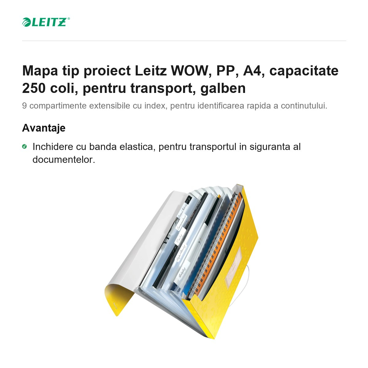 Mapa tip proiect Leitz WOW, PP, A4, capacitate 250 coli, pentru transport, galben [2]
