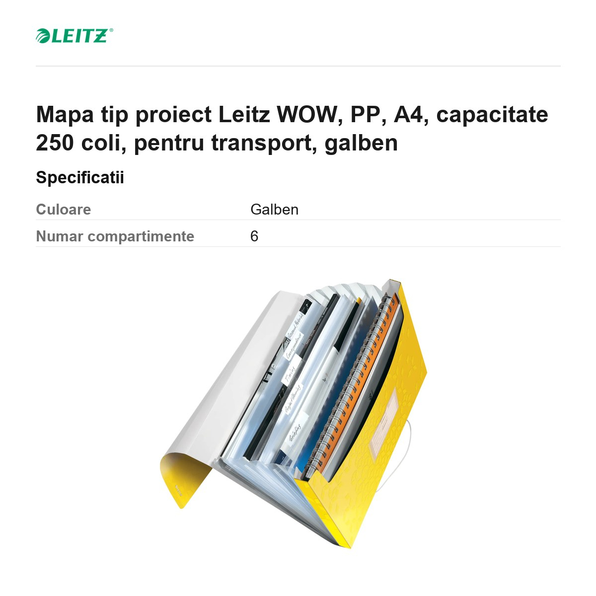 Mapa tip proiect Leitz WOW, PP, A4, capacitate 250 coli, pentru transport, galben [3]