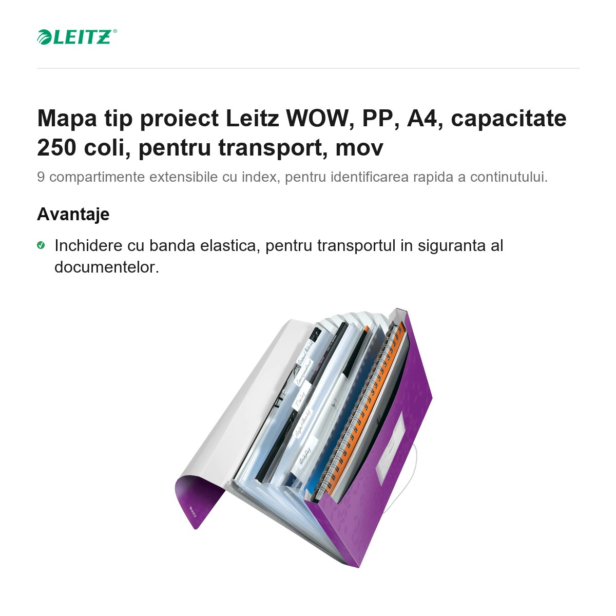 Mapa tip proiect Leitz WOW, PP, A4, capacitate 250 coli, pentru transport, mov [2]