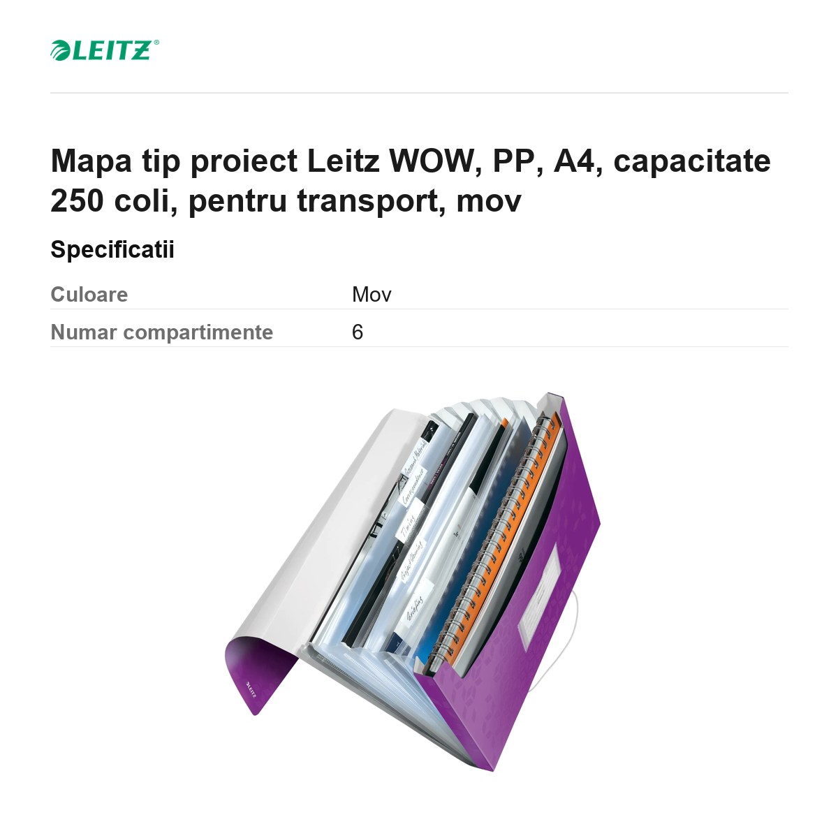 Mapa tip proiect Leitz WOW, PP, A4, capacitate 250 coli, pentru transport, mov [3]