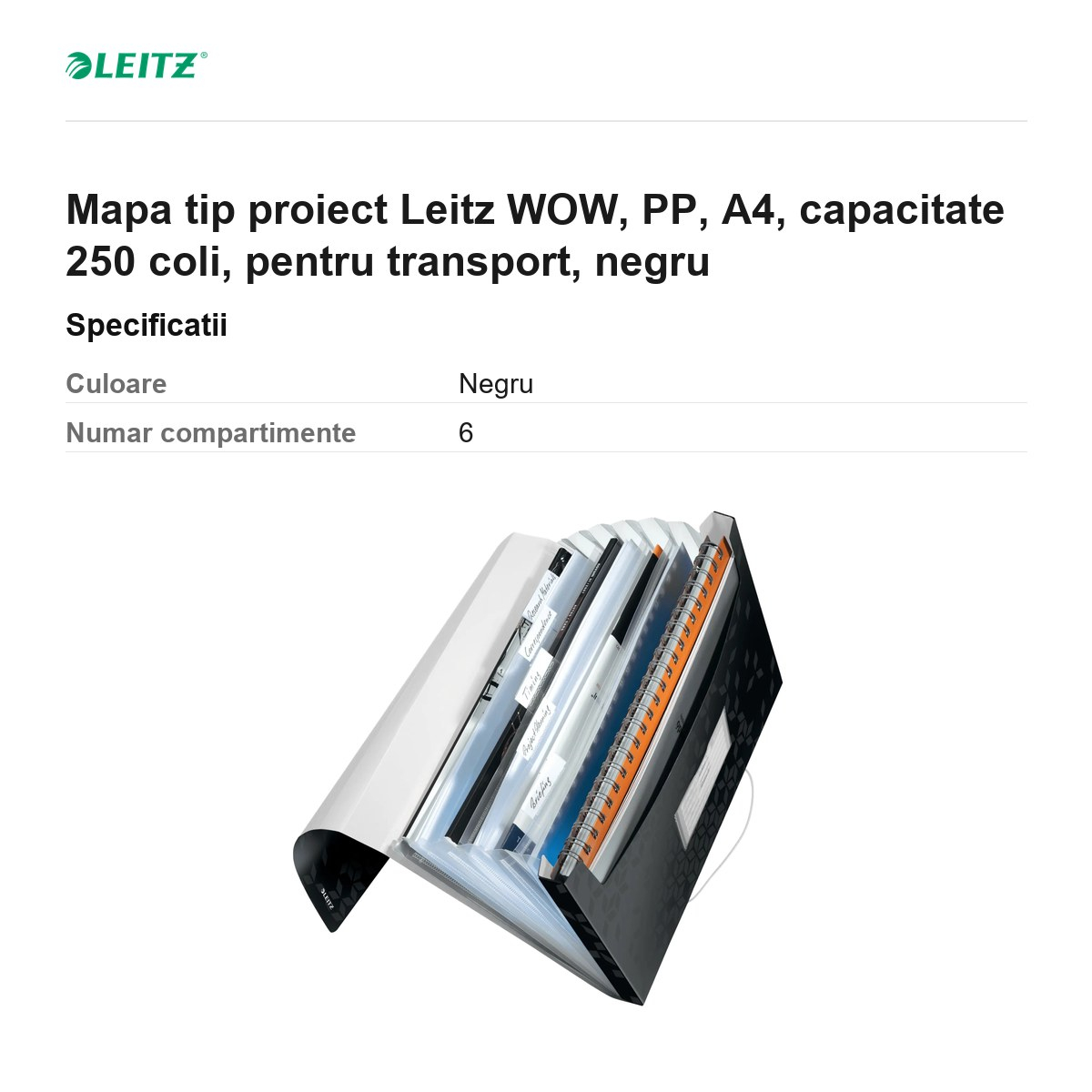 Mapa tip proiect Leitz WOW, PP, A4, capacitate 250 coli, pentru transport, negru [3]