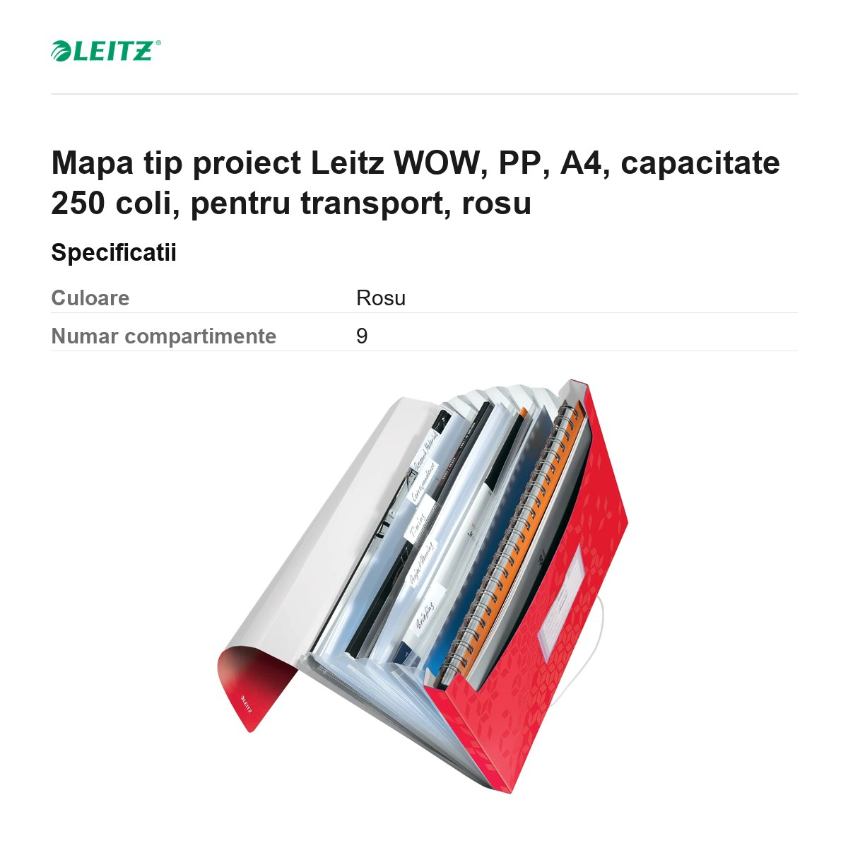 Mapa tip proiect Leitz WOW, PP, A4, capacitate 250 coli, pentru transport, rosu [3]