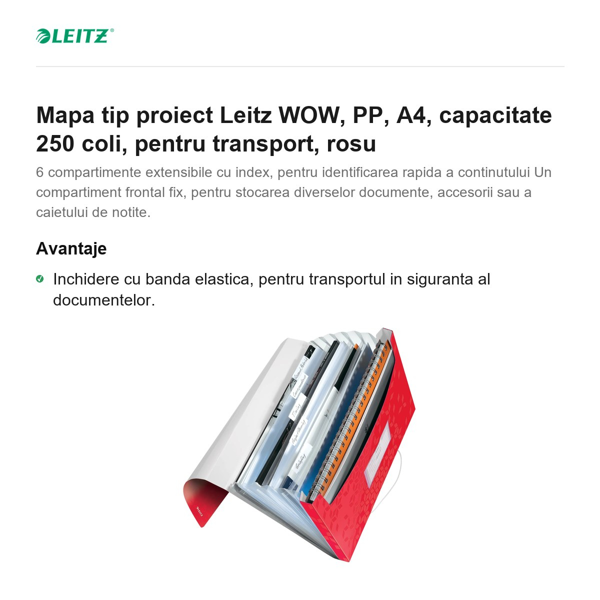 Mapa tip proiect Leitz WOW, PP, A4, capacitate 250 coli, pentru transport, rosu [2]