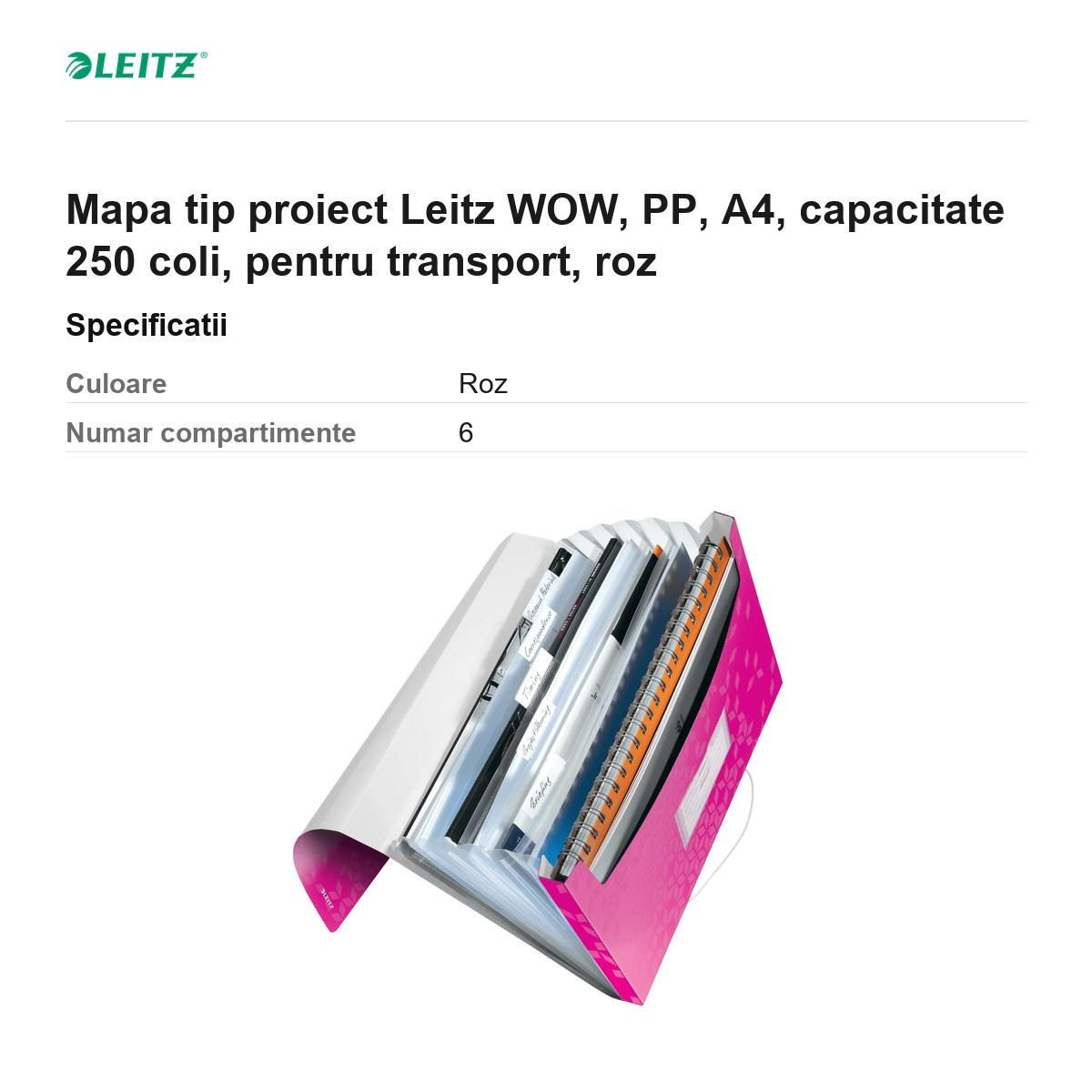 Mapa tip proiect Leitz WOW, PP, A4, capacitate 250 coli, pentru transport, roz [3]