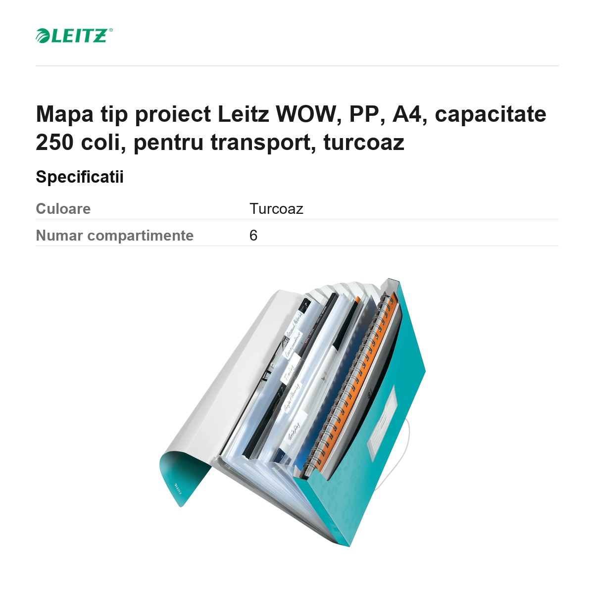 Mapa tip proiect Leitz WOW, PP, A4, capacitate 250 coli, pentru transport, turcoaz [3]