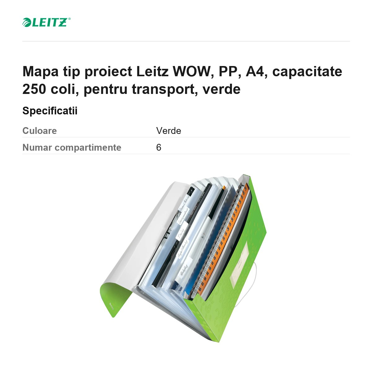 Mapa tip proiect Leitz WOW, PP, A4, capacitate 250 coli, pentru transport, verde [3]