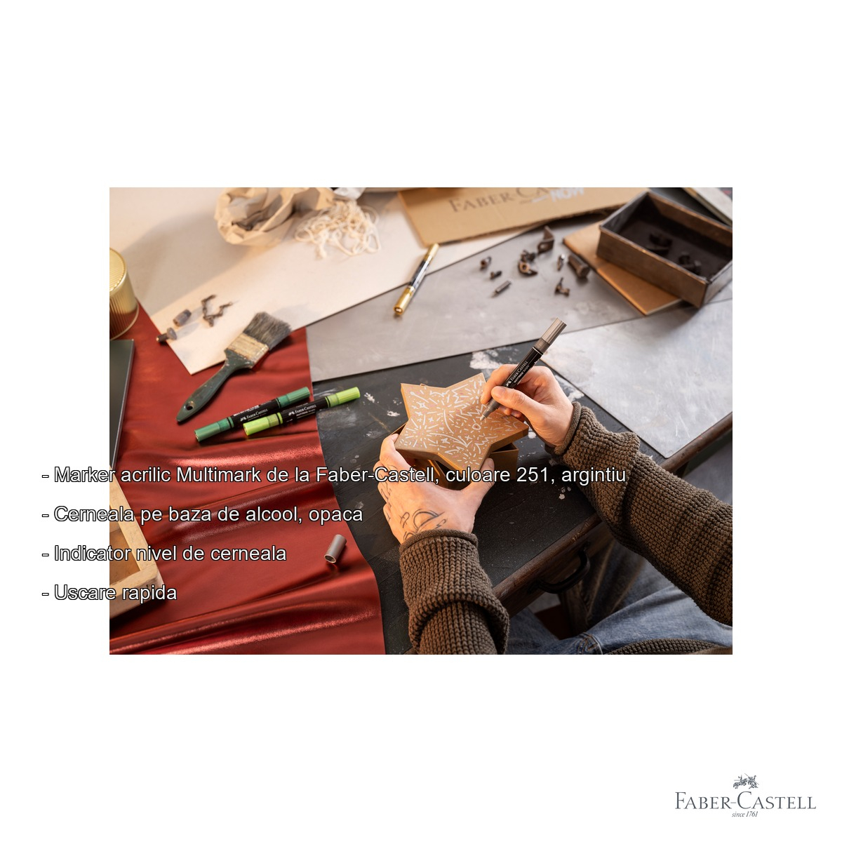 Marker acrilic Faber-Castell Multimark, culoare argintiu 251, varf dublu, pentru suprafete multiple [2]