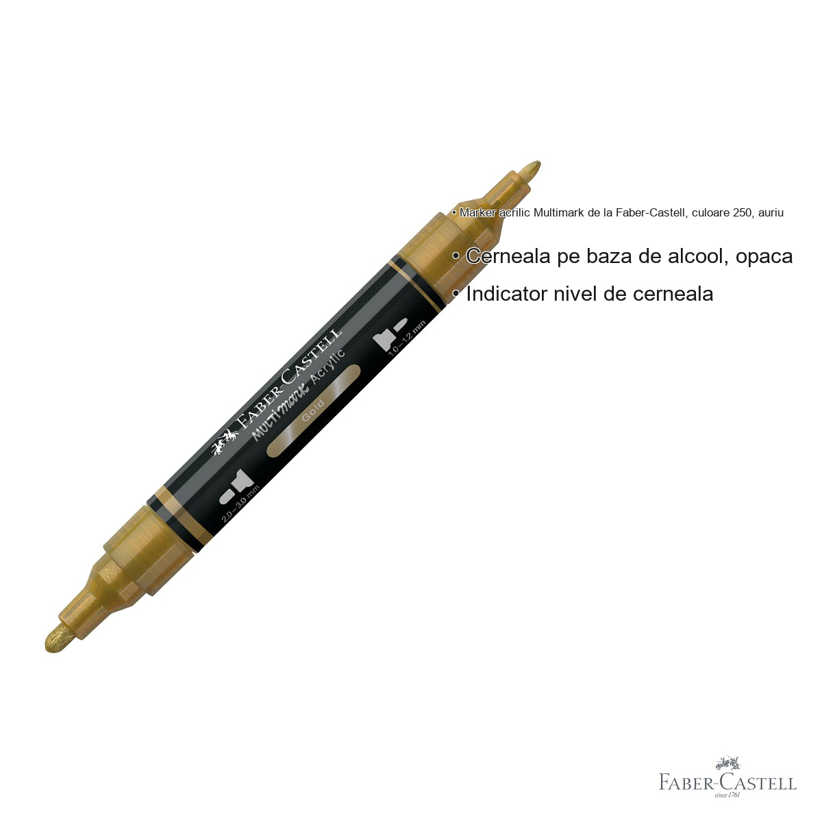 Marker acrilic Faber-Castell Multimark, culoare auriu 250, varf dublu, pentru suprafete multiple [3]