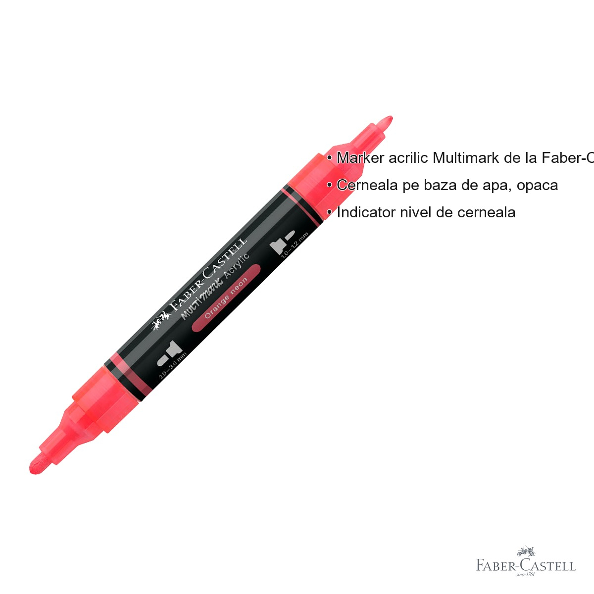 Marker acrilic Faber-Castell Multimark, culoare portocaliu neon 255, varf dublu, pentru suprafete multiple [3]