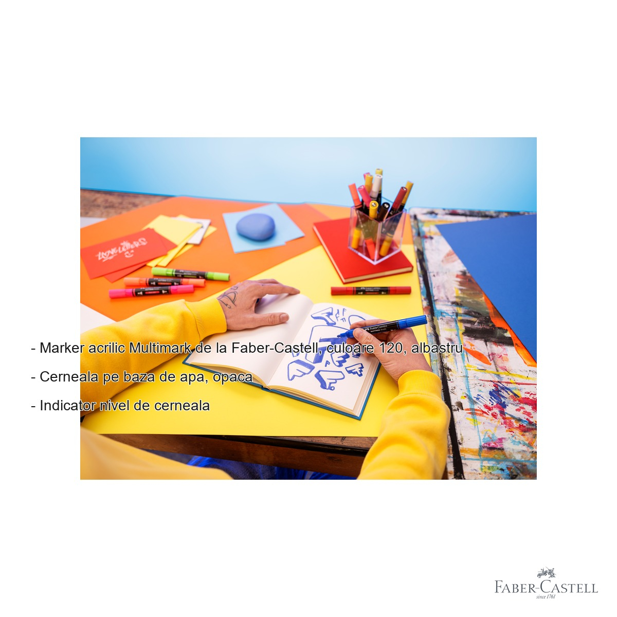 Marker acrilic Faber-Castell Multimark, varf dublu, culoare albastru 120, pentru suprafete multiple [2]