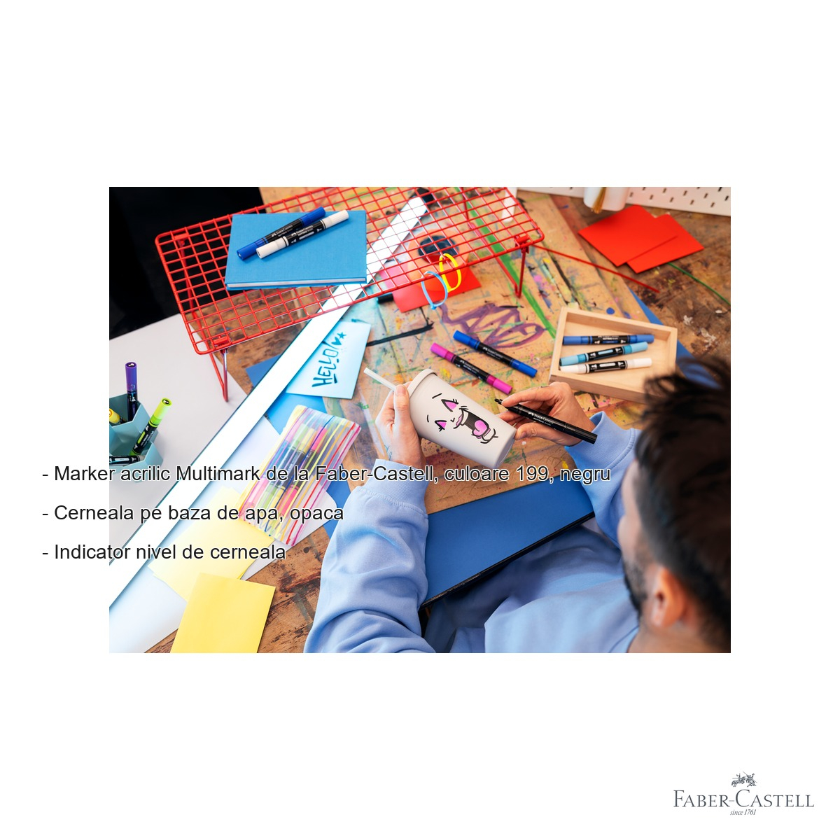 Marker acrilic Faber-Castell Multimark, varf dublu, culoare neagra, pentru suprafete multiple [2]