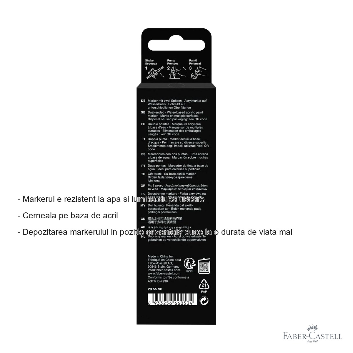 Marker acrilic Faber-Castell Shake&Paint negru, varf dublu 1mm/3mm, pentru suprafete multiple [2]