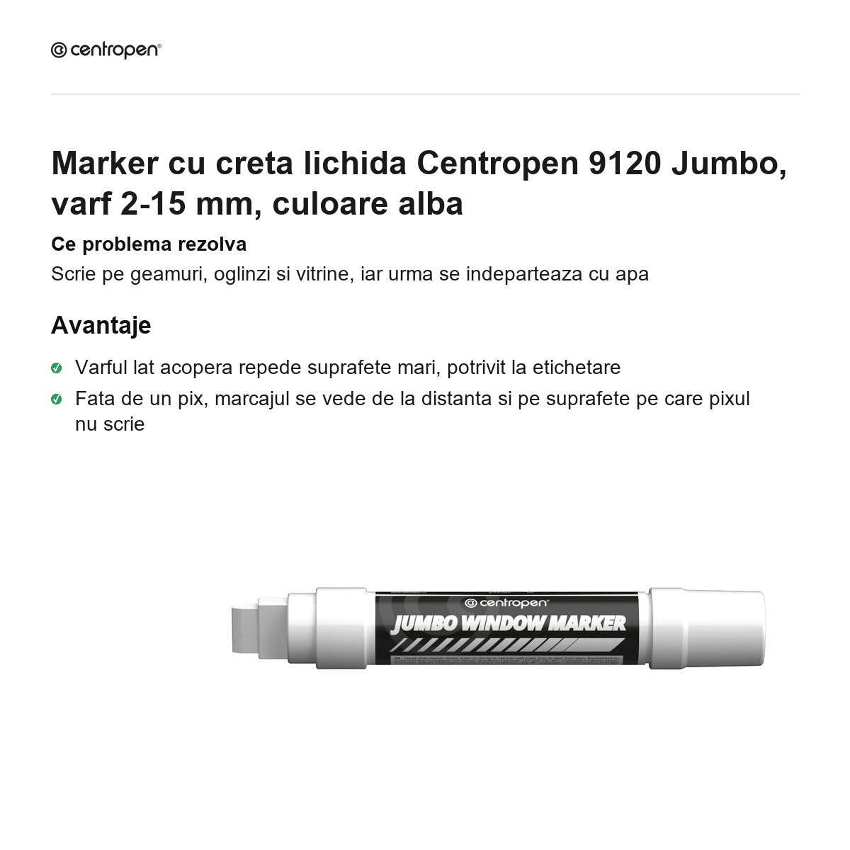 Marker cu creta lichida Centropen 9120 Jumbo, varf 2-15 mm, culoare alba [2]