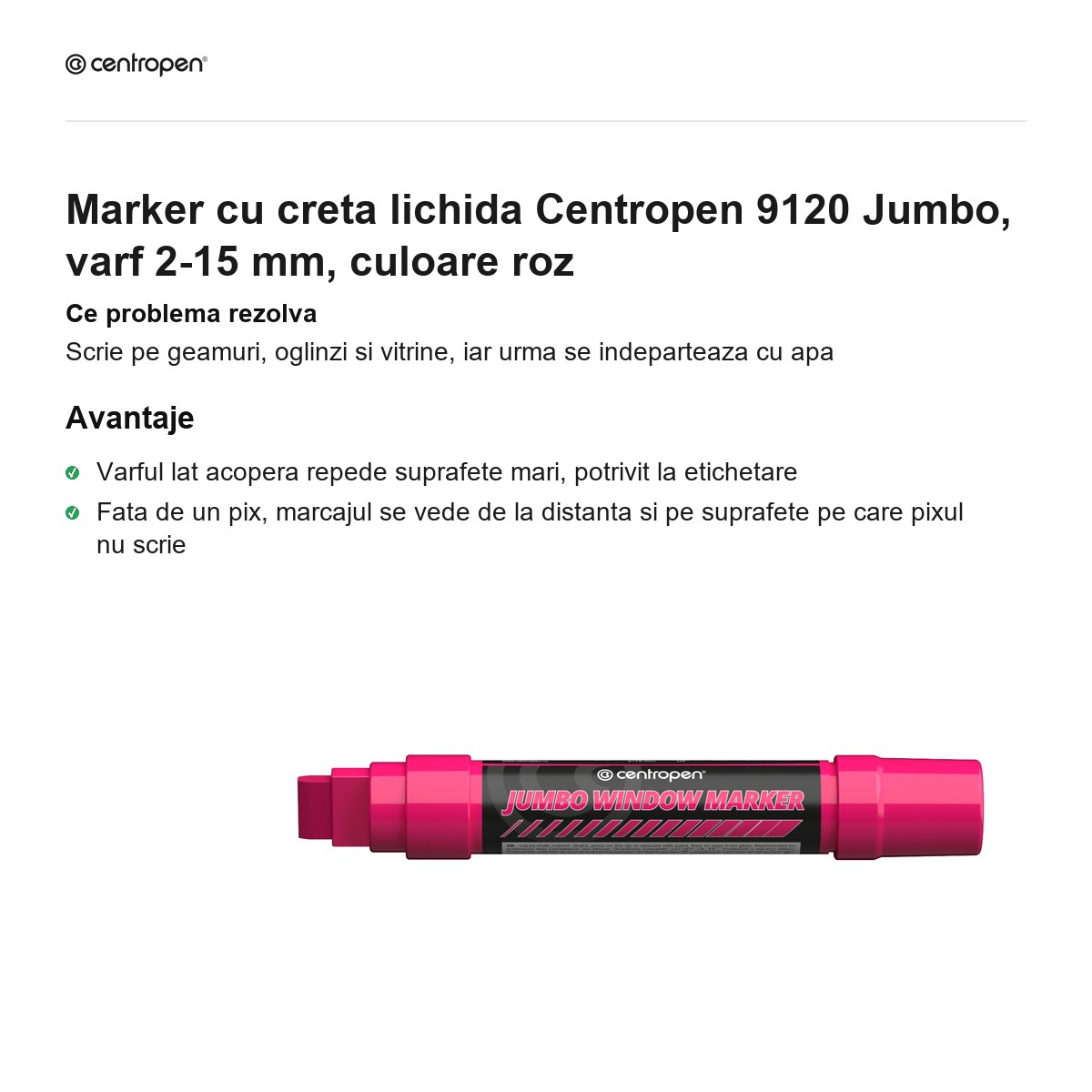 Marker cu creta lichida Centropen 9120 Jumbo, varf 2-15 mm, culoare roz [2]