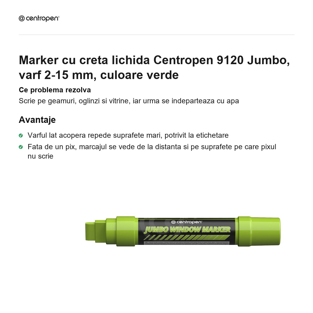 Marker cu creta lichida Centropen 9120 Jumbo, varf 2-15 mm, culoare verde [2]