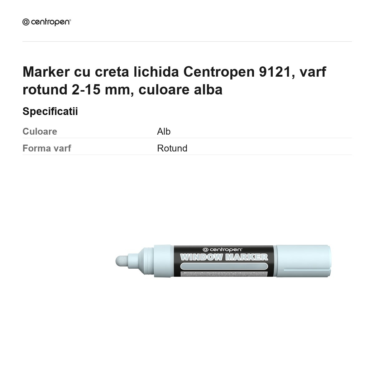 Marker cu creta lichida Centropen 9121, varf rotund 2-15 mm, culoare alba [3]