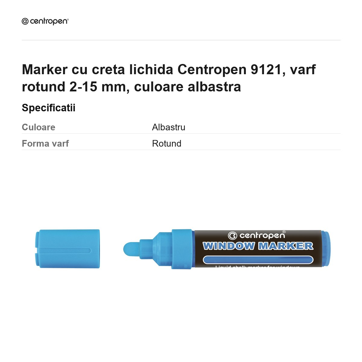 Marker cu creta lichida Centropen 9121, varf rotund 2-15 mm, culoare albastra [3]