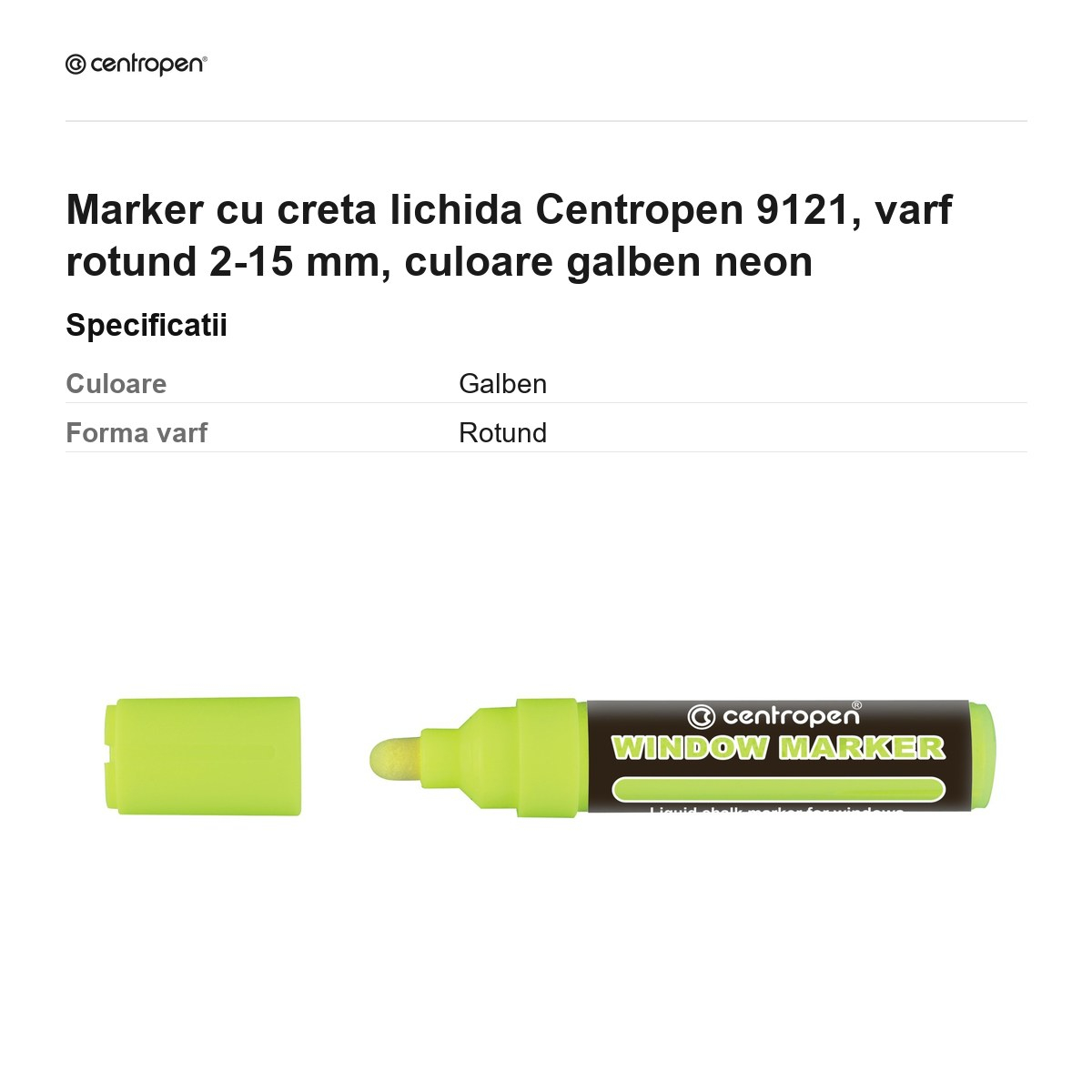 Marker cu creta lichida Centropen 9121, varf rotund 2-15 mm, culoare galben neon [3]