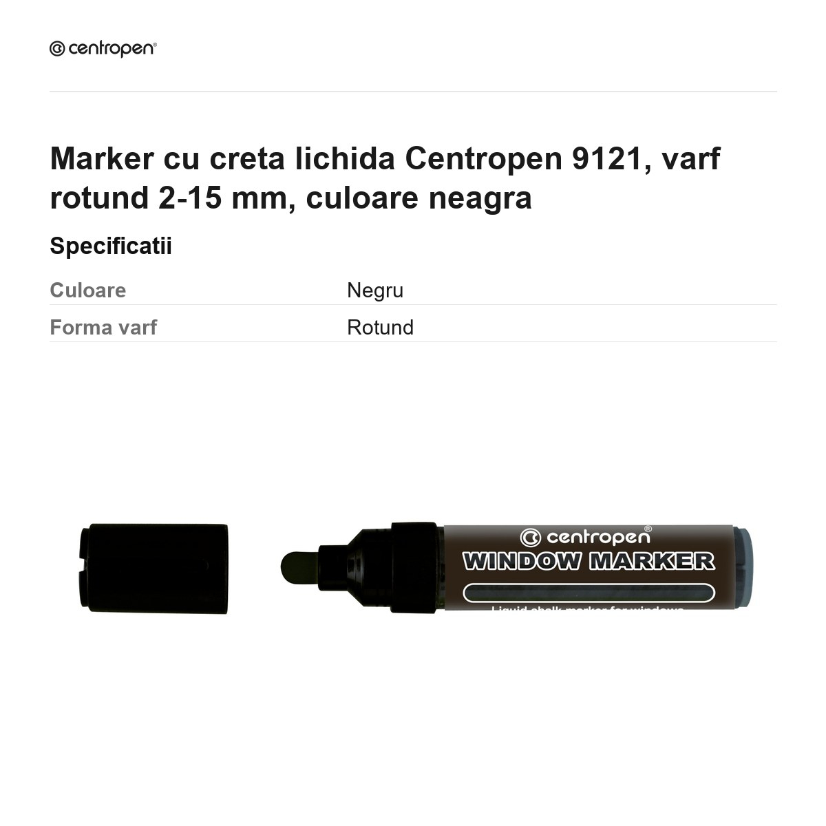 Marker cu creta lichida Centropen 9121, varf rotund 2-15 mm, culoare neagra [3]