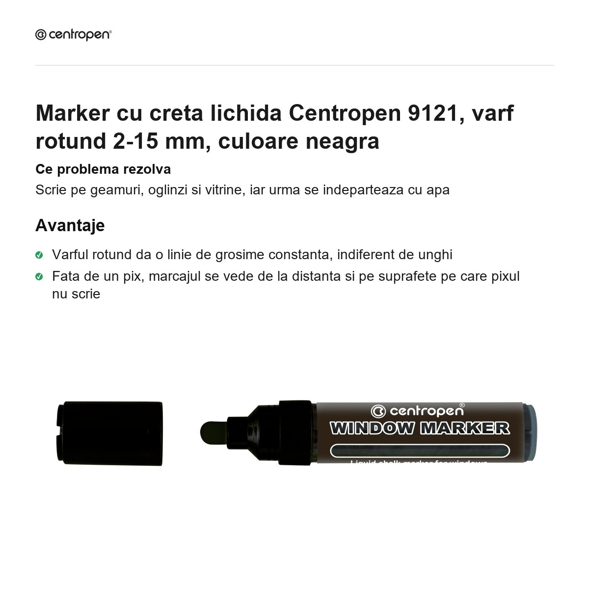 Marker cu creta lichida Centropen 9121, varf rotund 2-15 mm, culoare neagra [2]