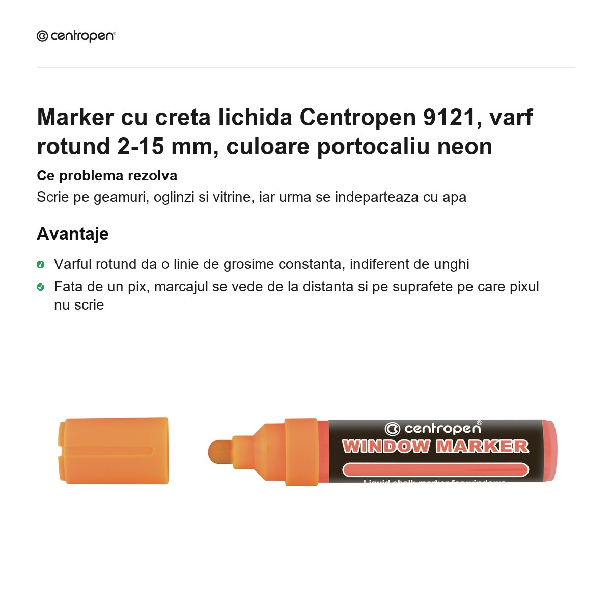 Marker cu creta lichida Centropen 9121, varf rotund 2-15 mm, culoare portocaliu neon [2]