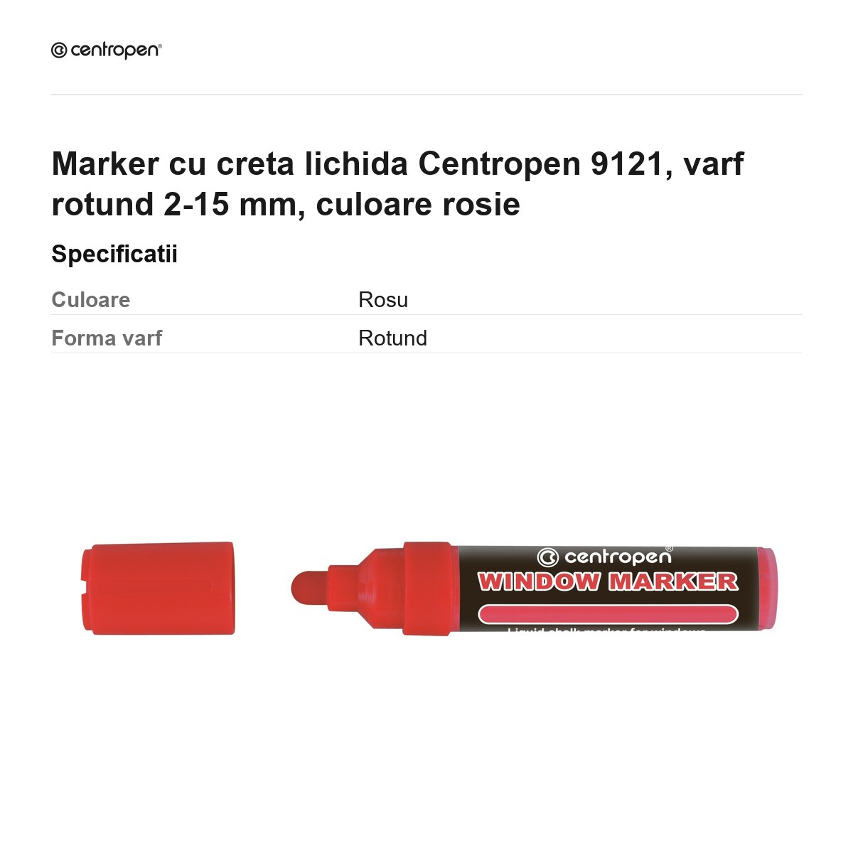 Marker cu creta lichida Centropen 9121, varf rotund 2-15 mm, culoare rosie [3]
