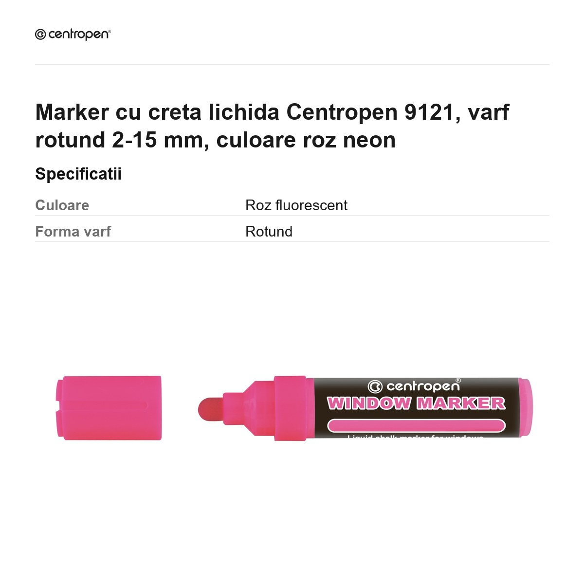 Marker cu creta lichida Centropen 9121, varf rotund 2-15 mm, culoare roz neon [3]