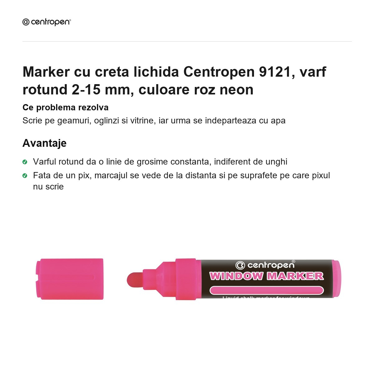 Marker cu creta lichida Centropen 9121, varf rotund 2-15 mm, culoare roz neon [2]