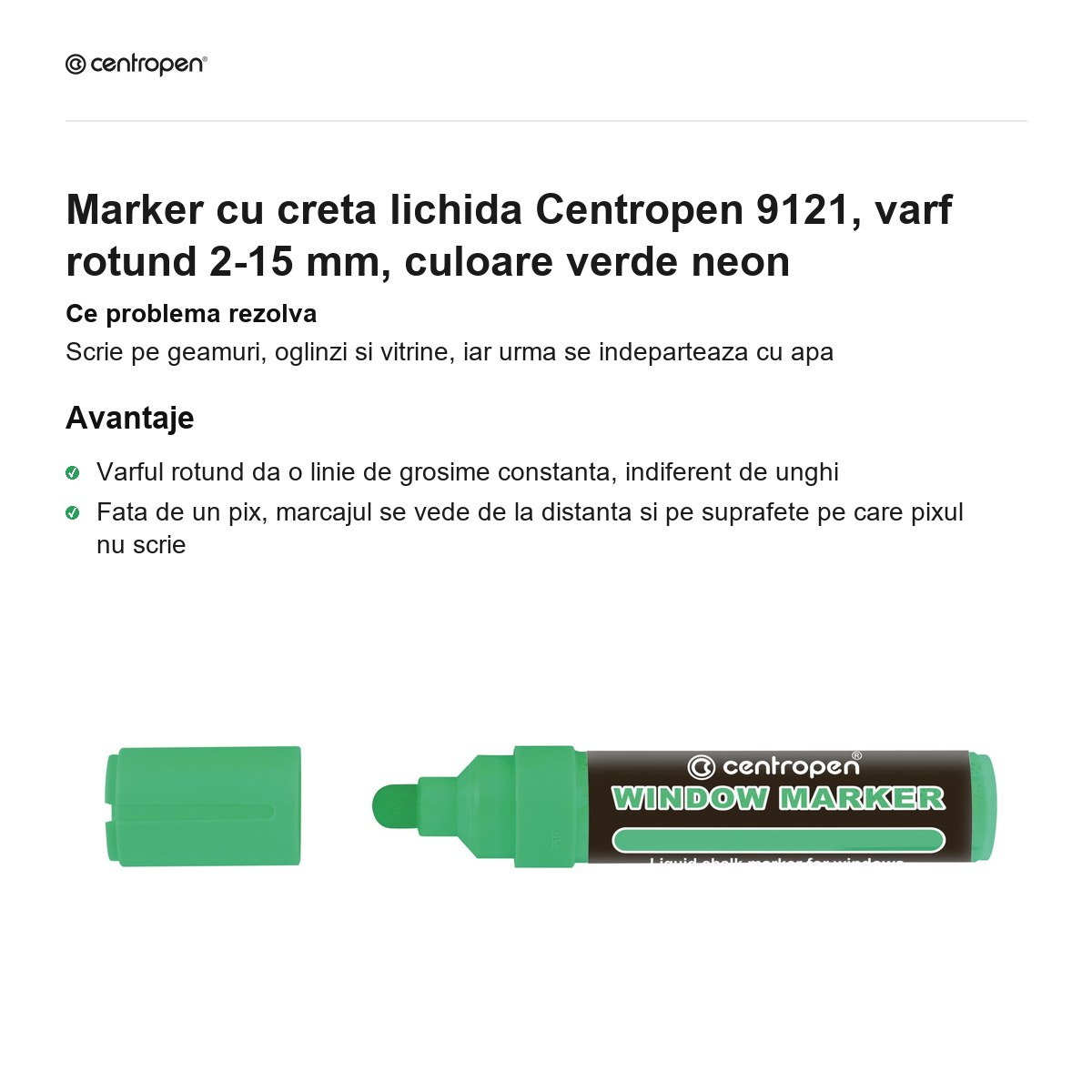 Marker cu creta lichida Centropen 9121, varf rotund 2-15 mm, culoare verde neon [2]