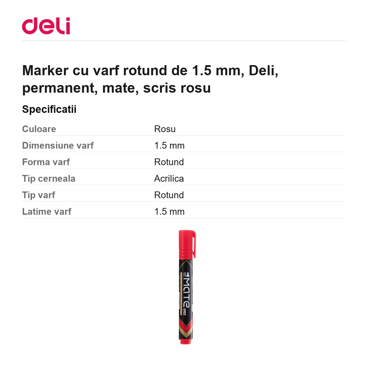 Marker cu varf rotund de 1.5 mm, Deli, permanent, mate, scris rosu [3]