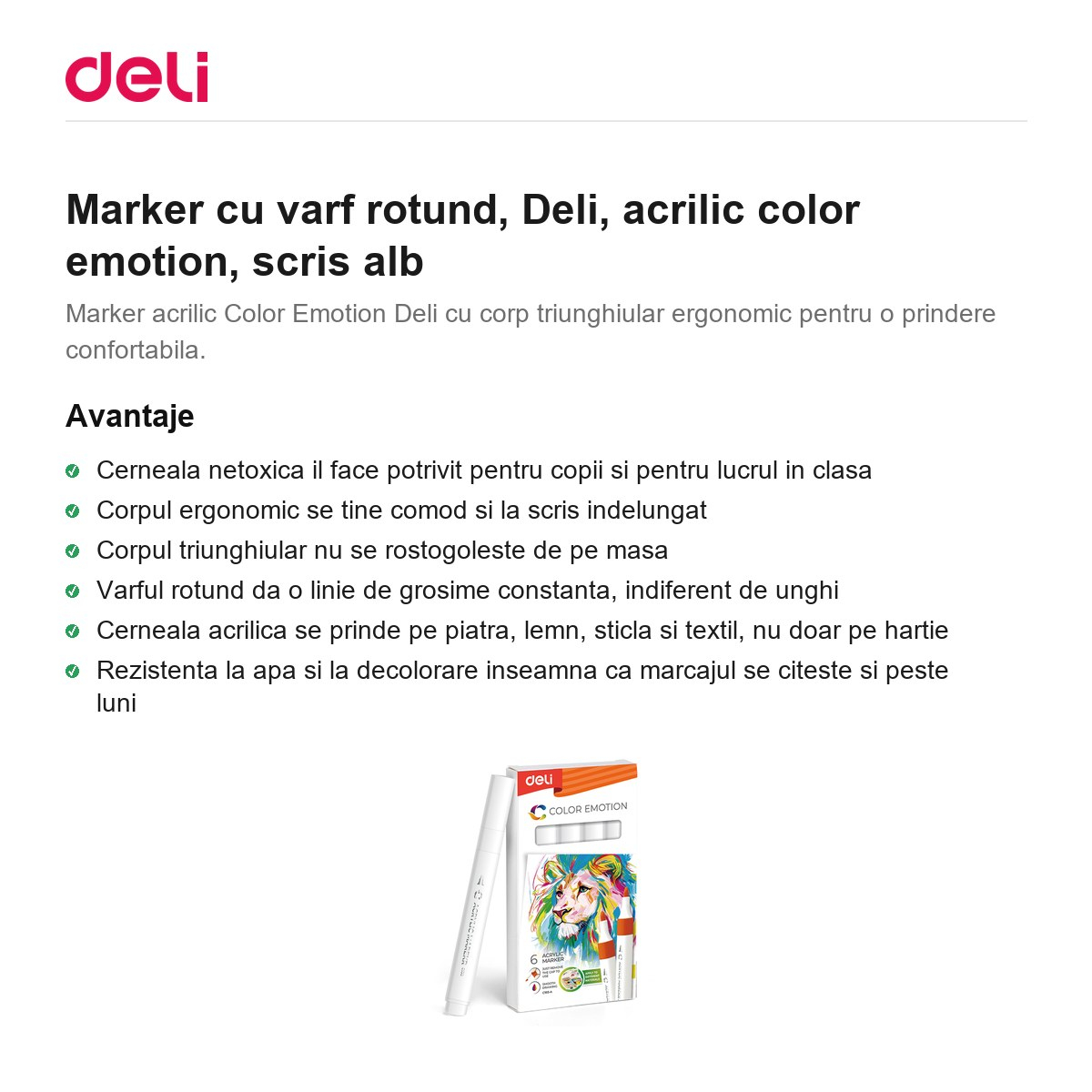Marker cu varf rotund, Deli, acrilic color emotion, scris alb [2]